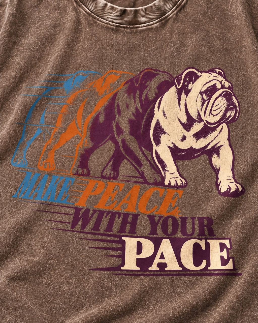 English Bulldog Peace with Your Pace Washed Tee in Coffee, close-up of the graphic