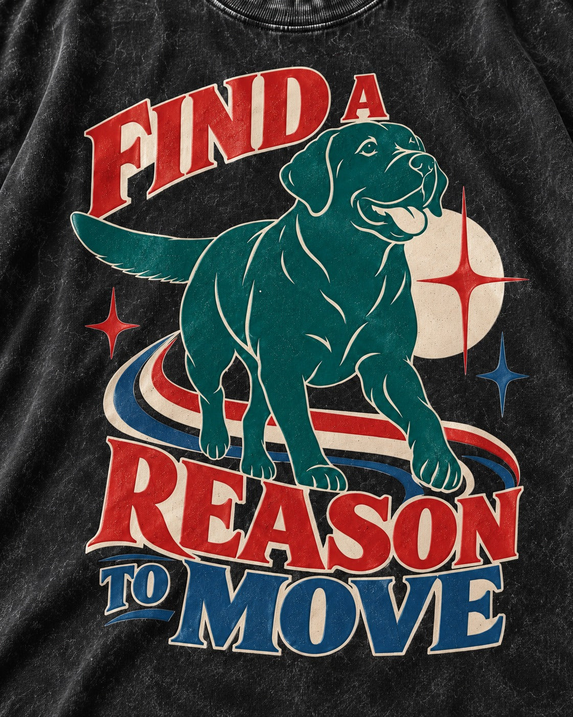Labrador Retriever Find a Reason to Move Retro Dog Graphic Washed Tee in Black, close-up of the graphic
