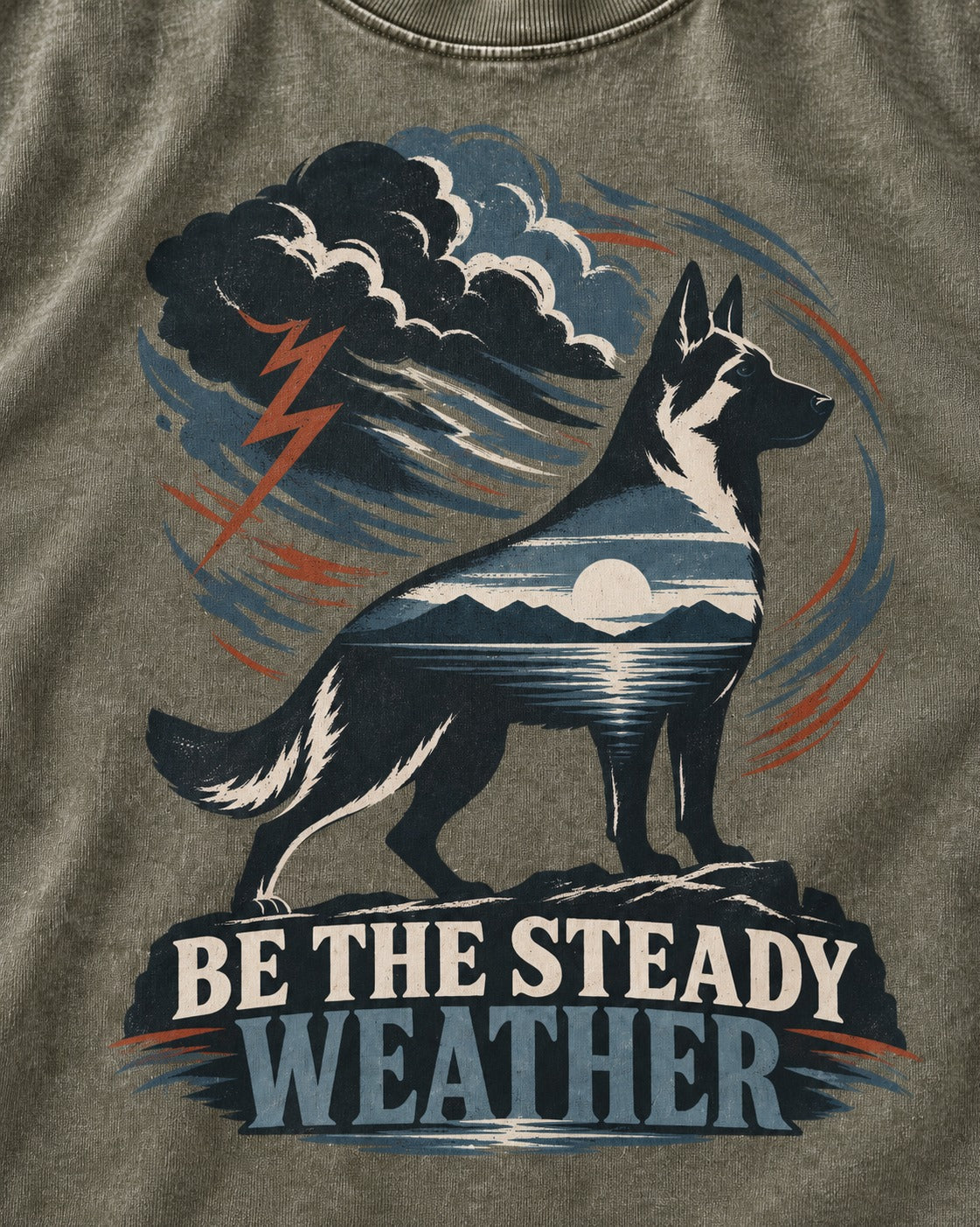 Be the Steady Weather Storm German Shepherd Dog Graphic Washed Tee in Army Green, close-up of the graphic