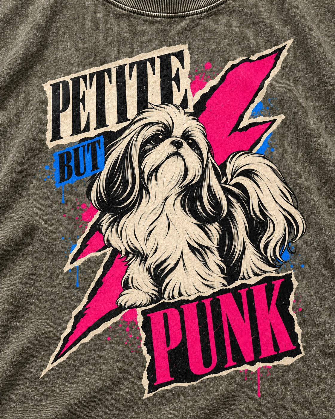 Shih Tzu Petite but Punk Lightning Graphic Washed Tee in Army Green, close-up of the graphic