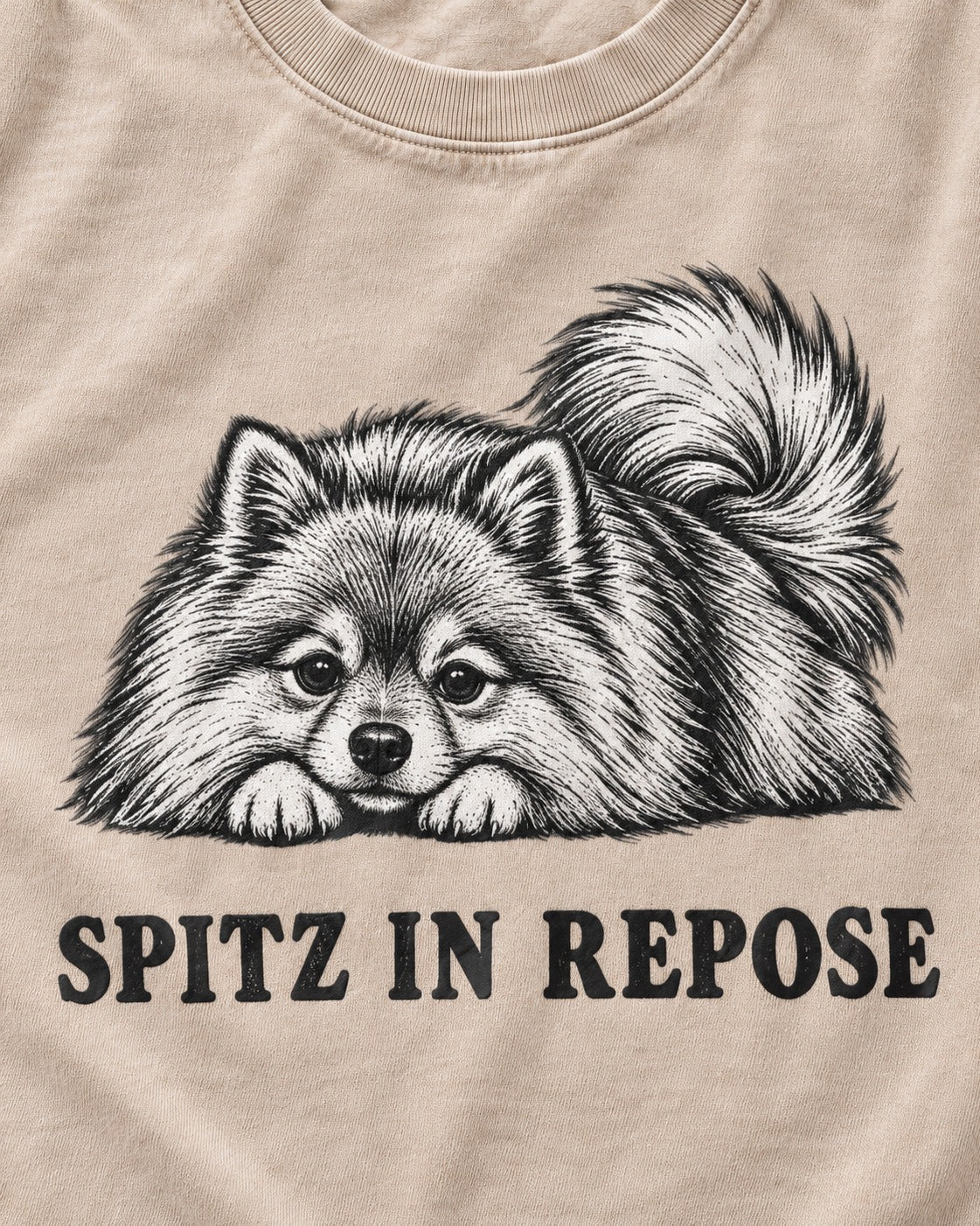 Pomeranian In Repose Washed Tee in Apricot, close-up of the graphic