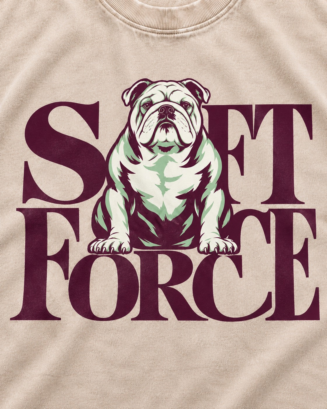 Set Force English Bulldog Washed Tee in Apricot, close-up of the graphic