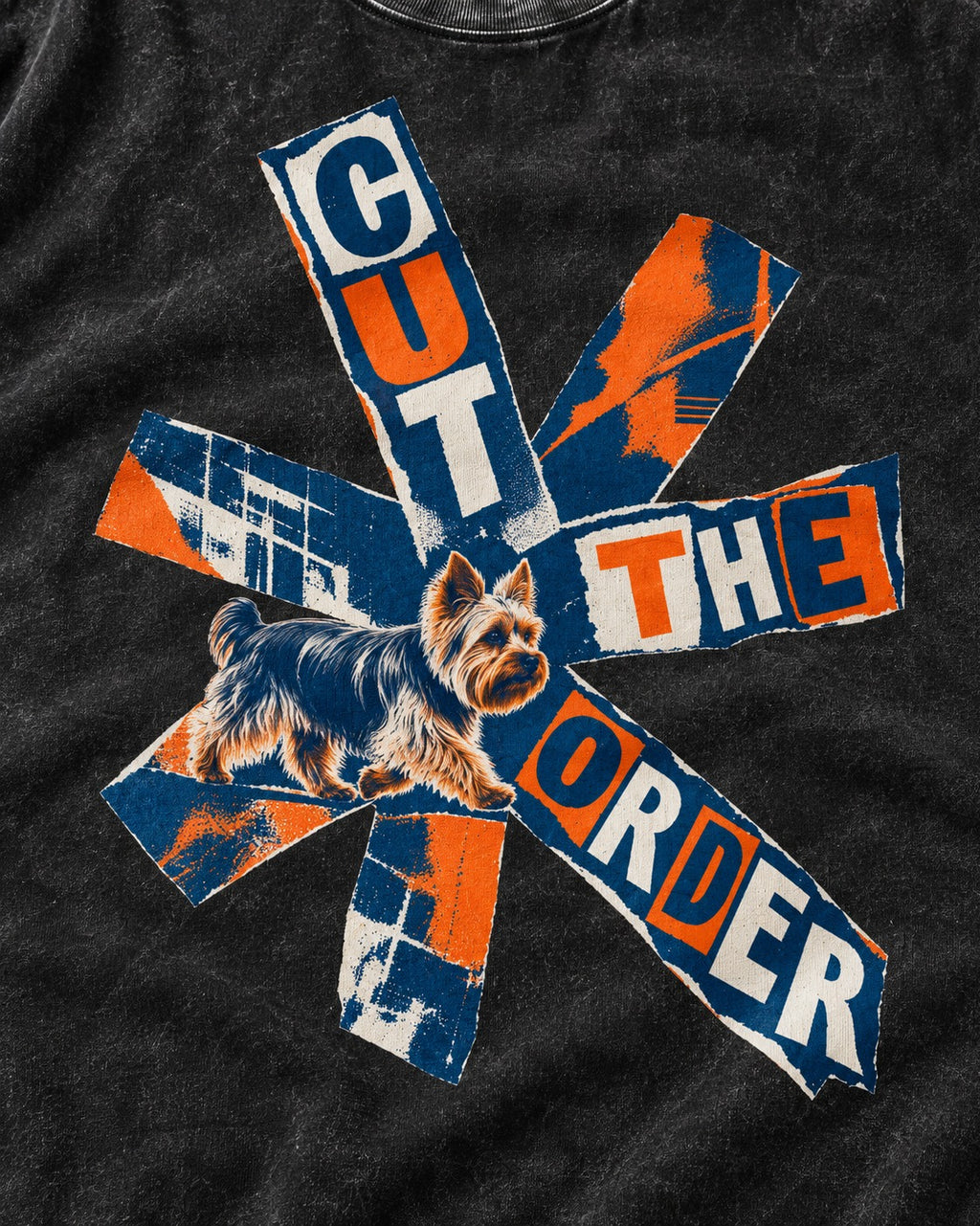 Yorkshire Terrier Cut the Order Radial Collage Graphic Washed Tee in Black, close-up of the graphic