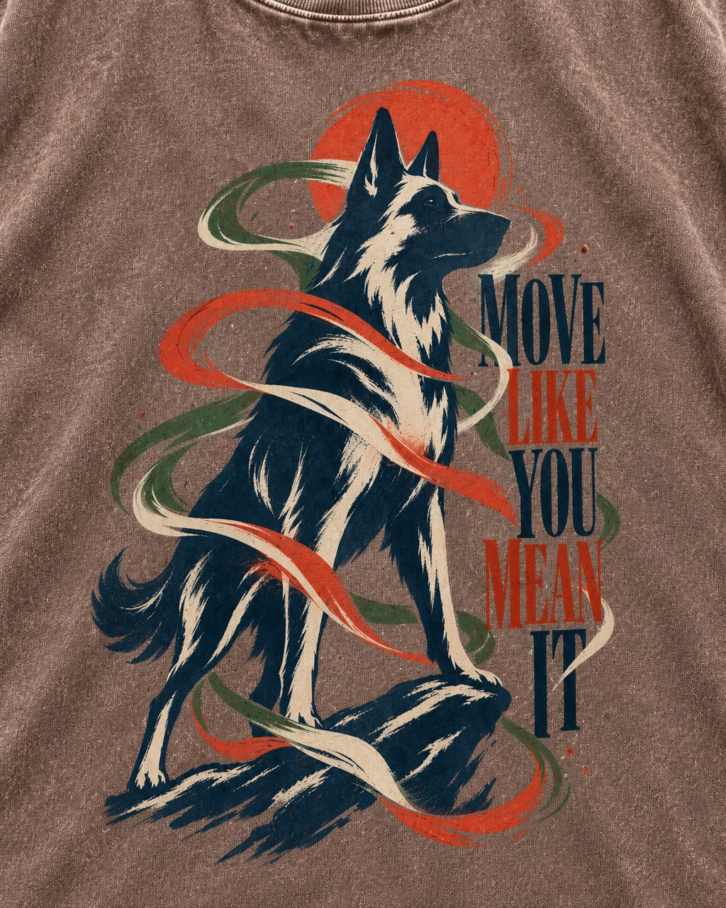 German Shepherd Dog Mean It Washed Tee in Coffee, close-up of the graphic
