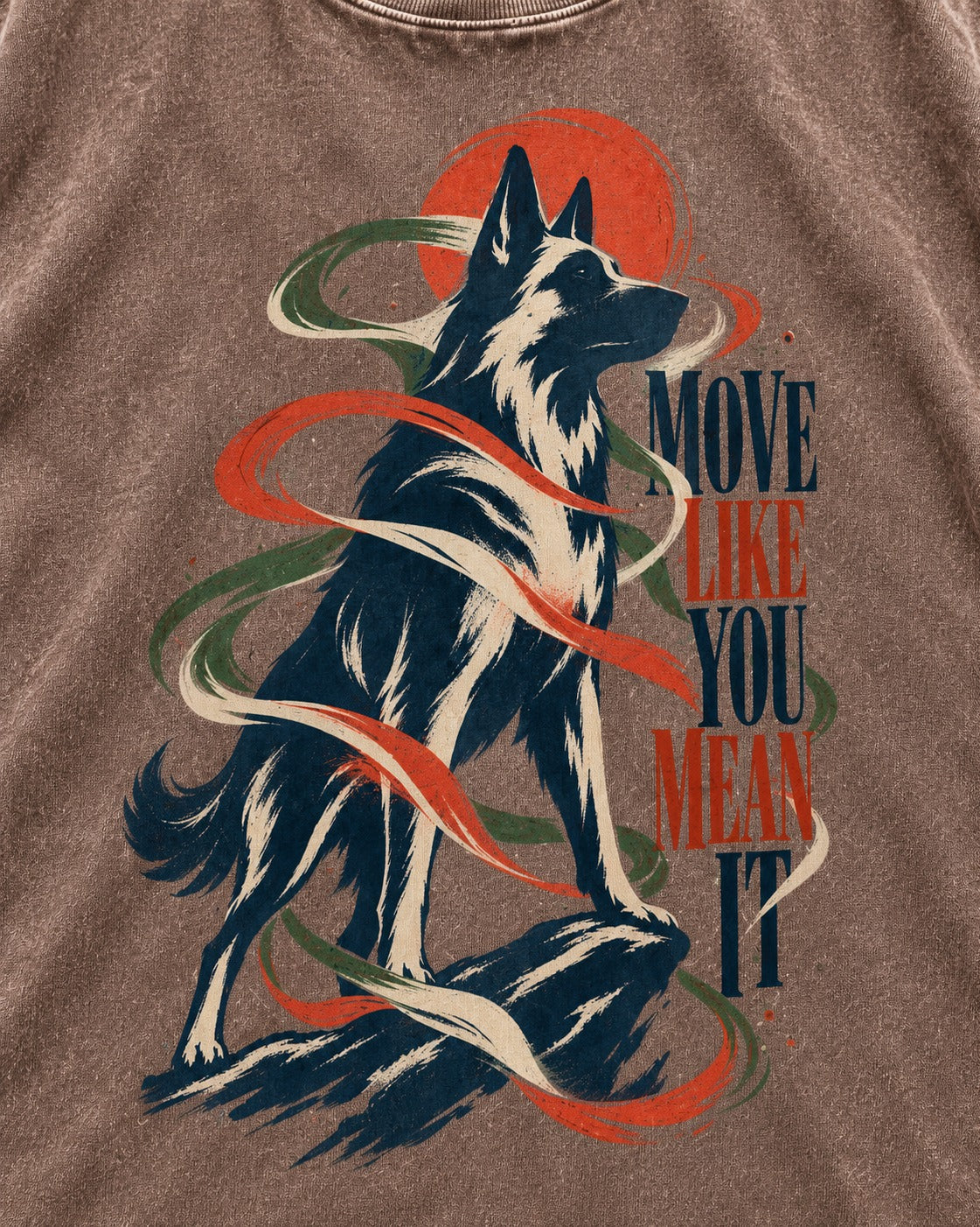 German Shepherd Dog Mean It Washed Tee in Coffee, close-up of the graphic