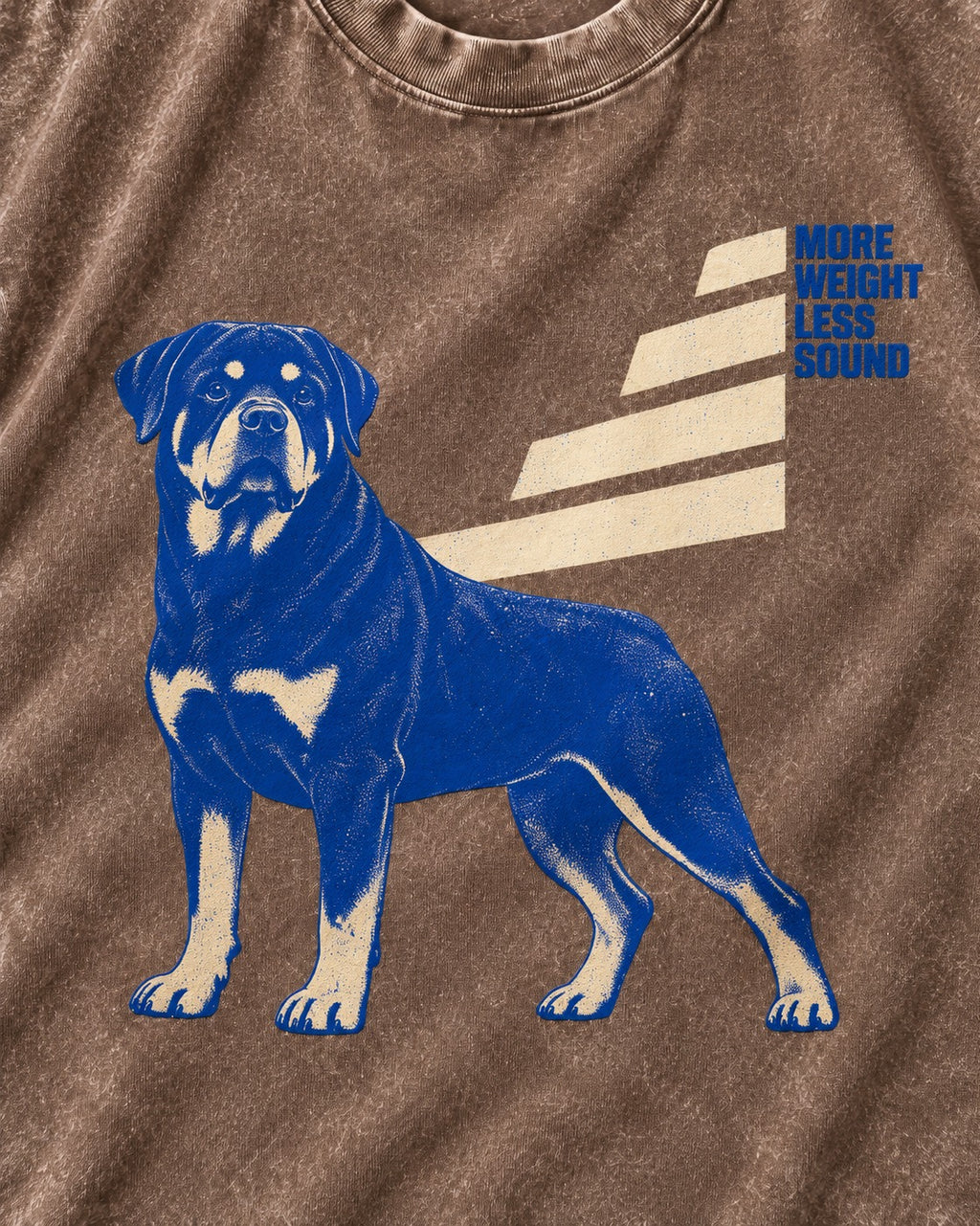 Rottweiler More Weight Less Sound Stair Step Graphic Washed Tee in Coffee, close-up of the graphic