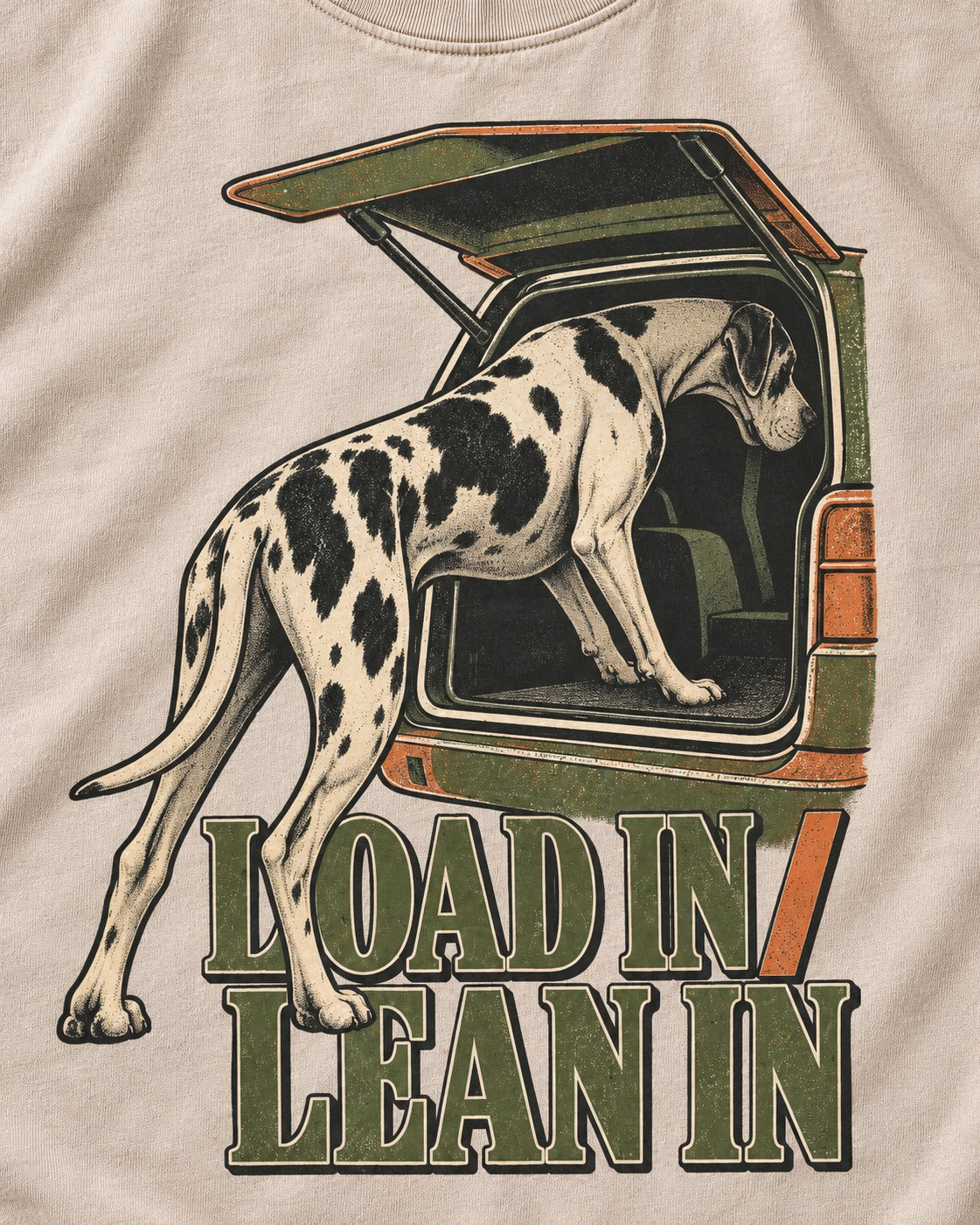 Great Dane Loadin' Leanin' Washed Tee in Apricot, close-up of the graphic