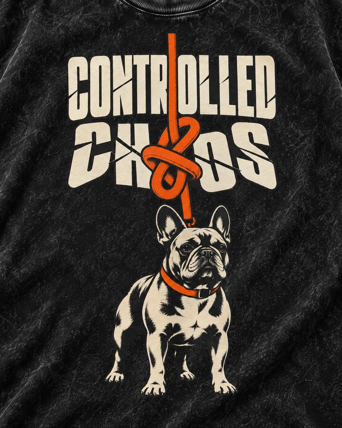 Frenchie Controlled Chaos Leash Knot Graphic Washed Tee in Black, close-up of the graphic