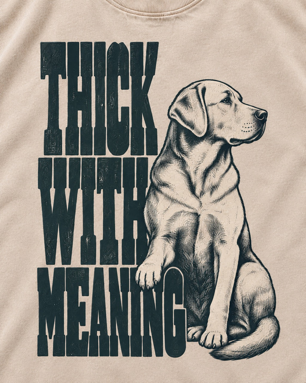 Thick with Meaning Labrador Retriever Washed Tee in Apricot, close-up of the graphic