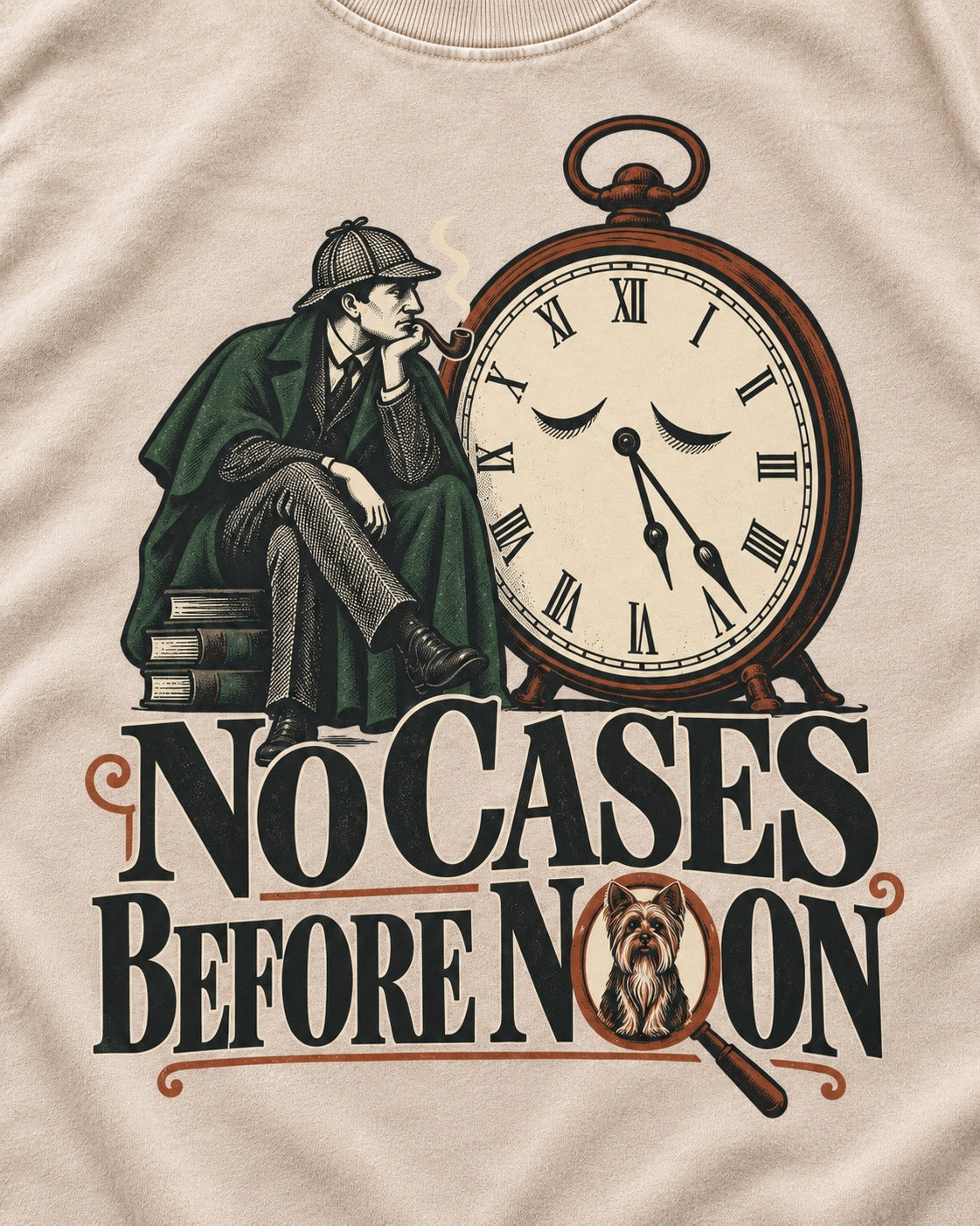 No Cases Before Noon Yorkshire Terrier Washed Tee in Apricot, close-up of the graphic