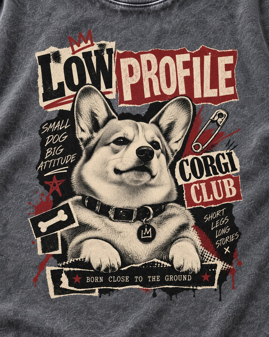 Corgi Low Profile Corgi Club Punk Collage Graphic Washed Tee in Gray, close-up of the graphic