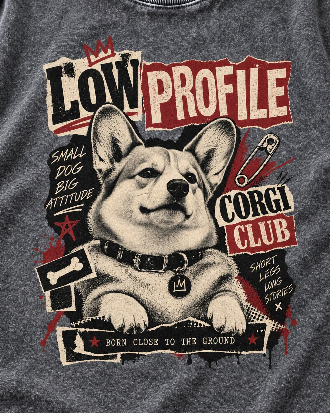 Corgi Low Profile Corgi Club Punk Collage Graphic Washed Tee in Gray, close-up of the graphic