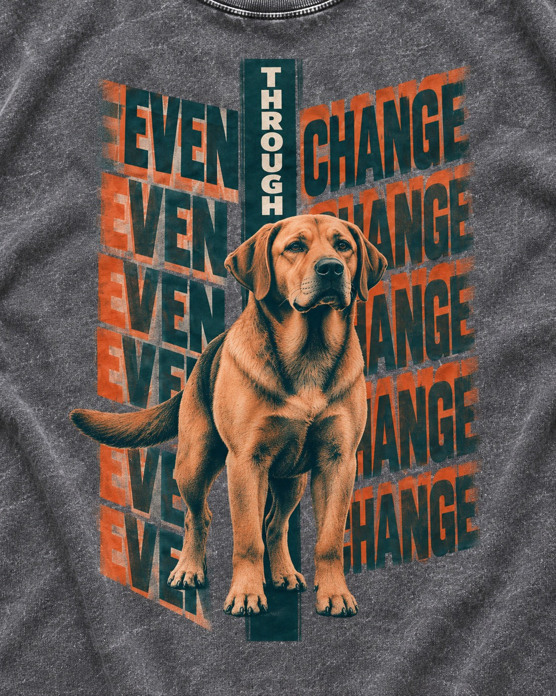 Labrador Retriever Even Through Change Repeated Poster Graphic Washed Tee in Gray, close-up of the graphic