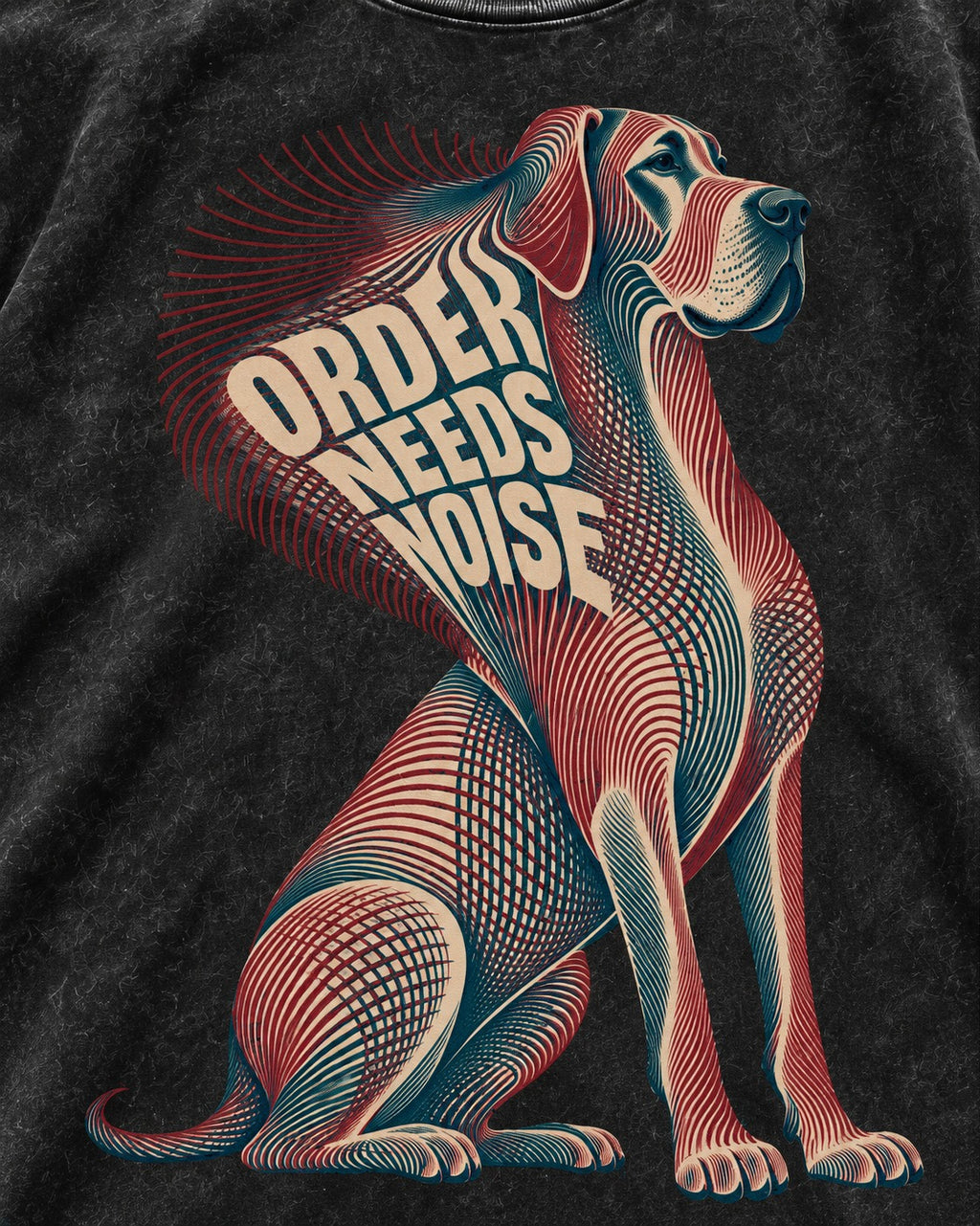 Great Dane Order Needs Noise Optical Line Graphic Washed Tee in Black, close-up of the graphic