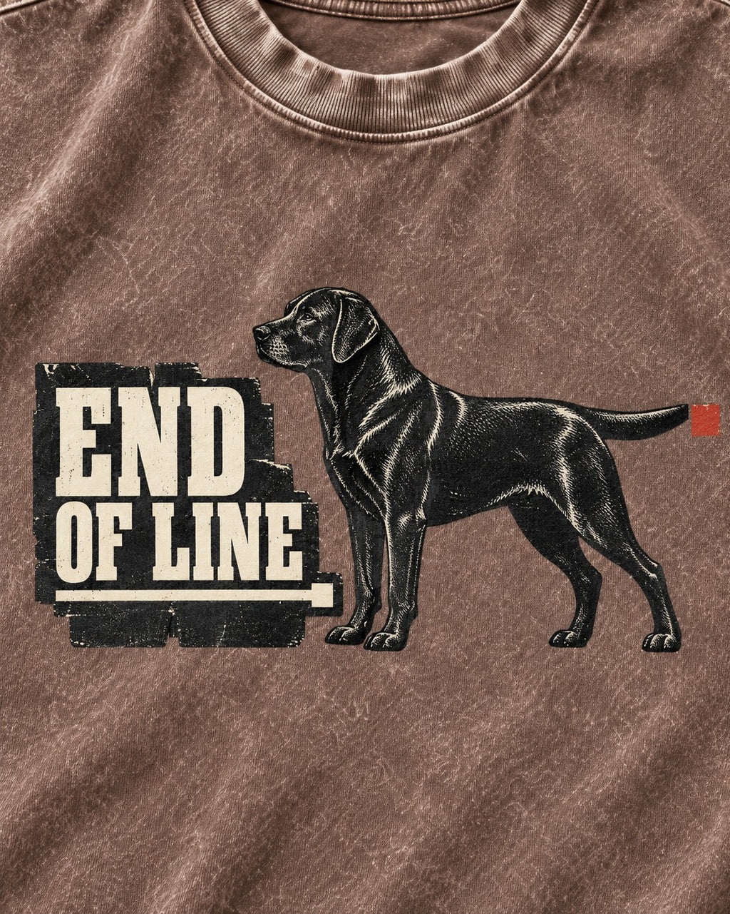 End of Line Labrador Retriever Washed Tee in Coffee, close-up of the graphic