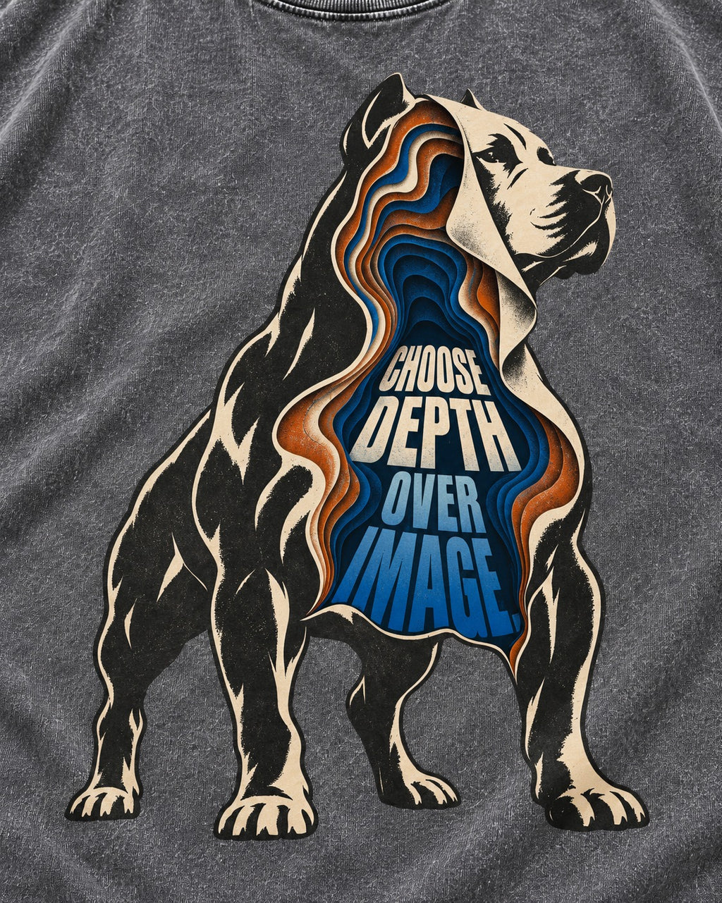 Pitbull Choose Depth Over Image Layered Cutaway Graphic Washed Tee in Gray, close-up of the graphic