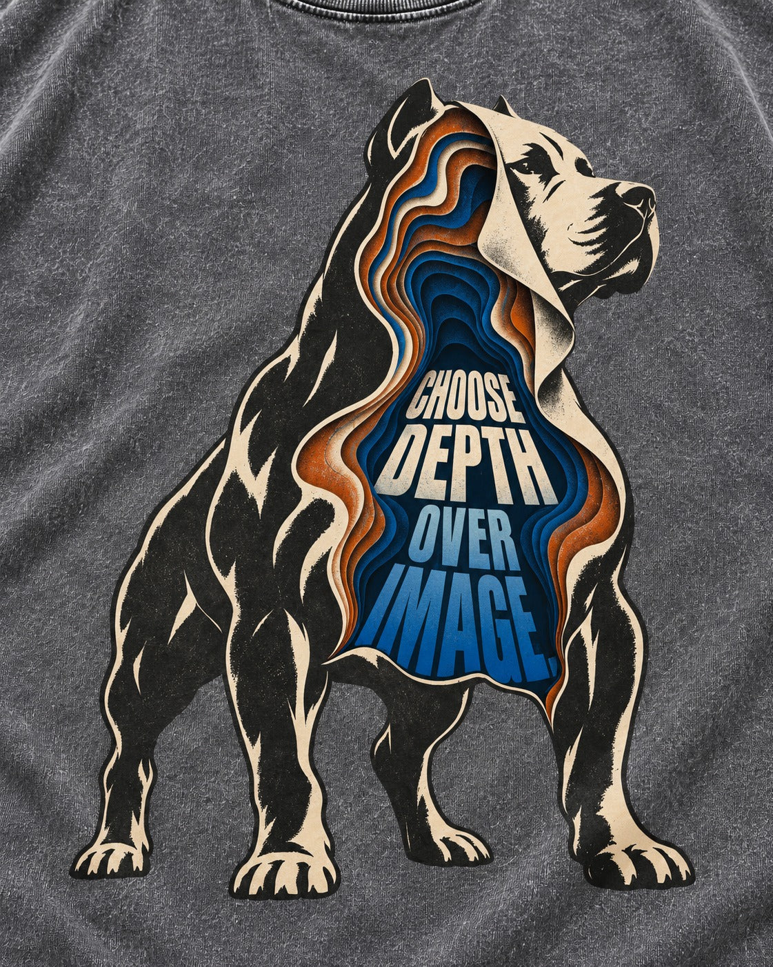 Pitbull Choose Depth Over Image Layered Cutaway Graphic Washed Tee in Gray, close-up of the graphic