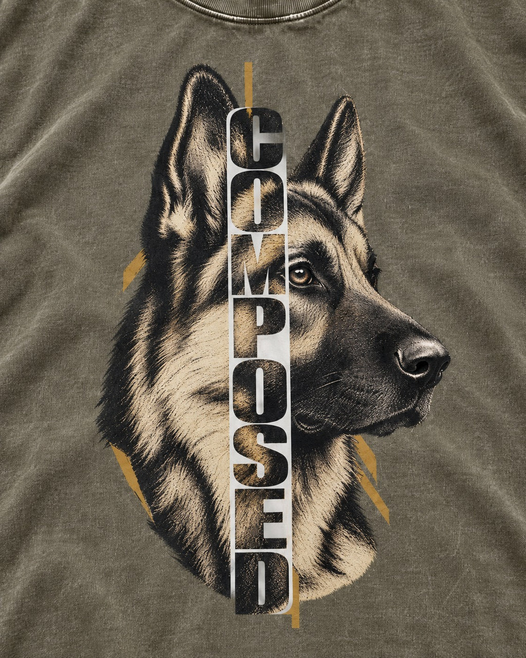 Composed Profile German Shepherd Dog Graphic Washed Tee in Army Green, close-up of the graphic