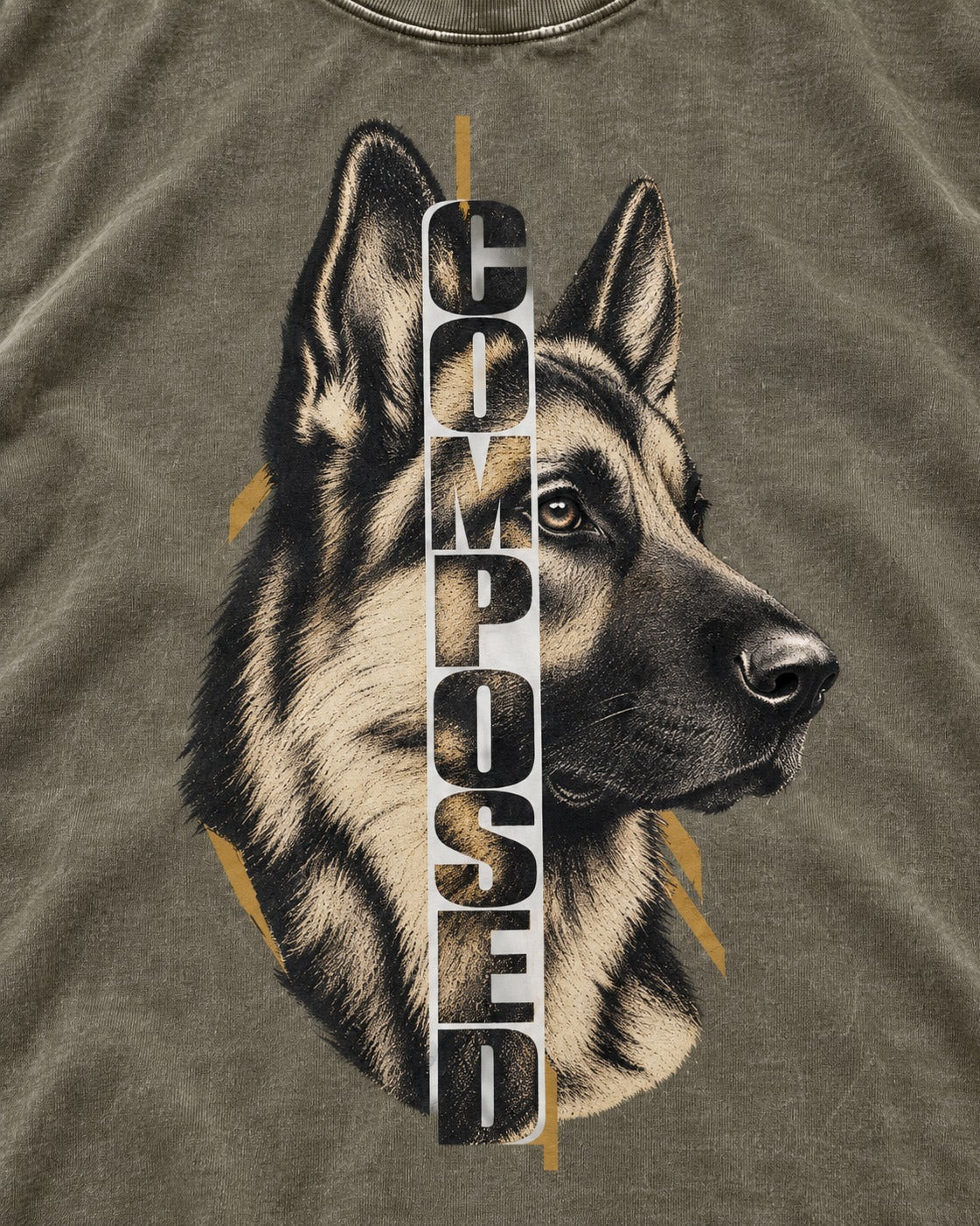 Composed Profile German Shepherd Dog Graphic Washed Tee in Army Green, close-up of the graphic