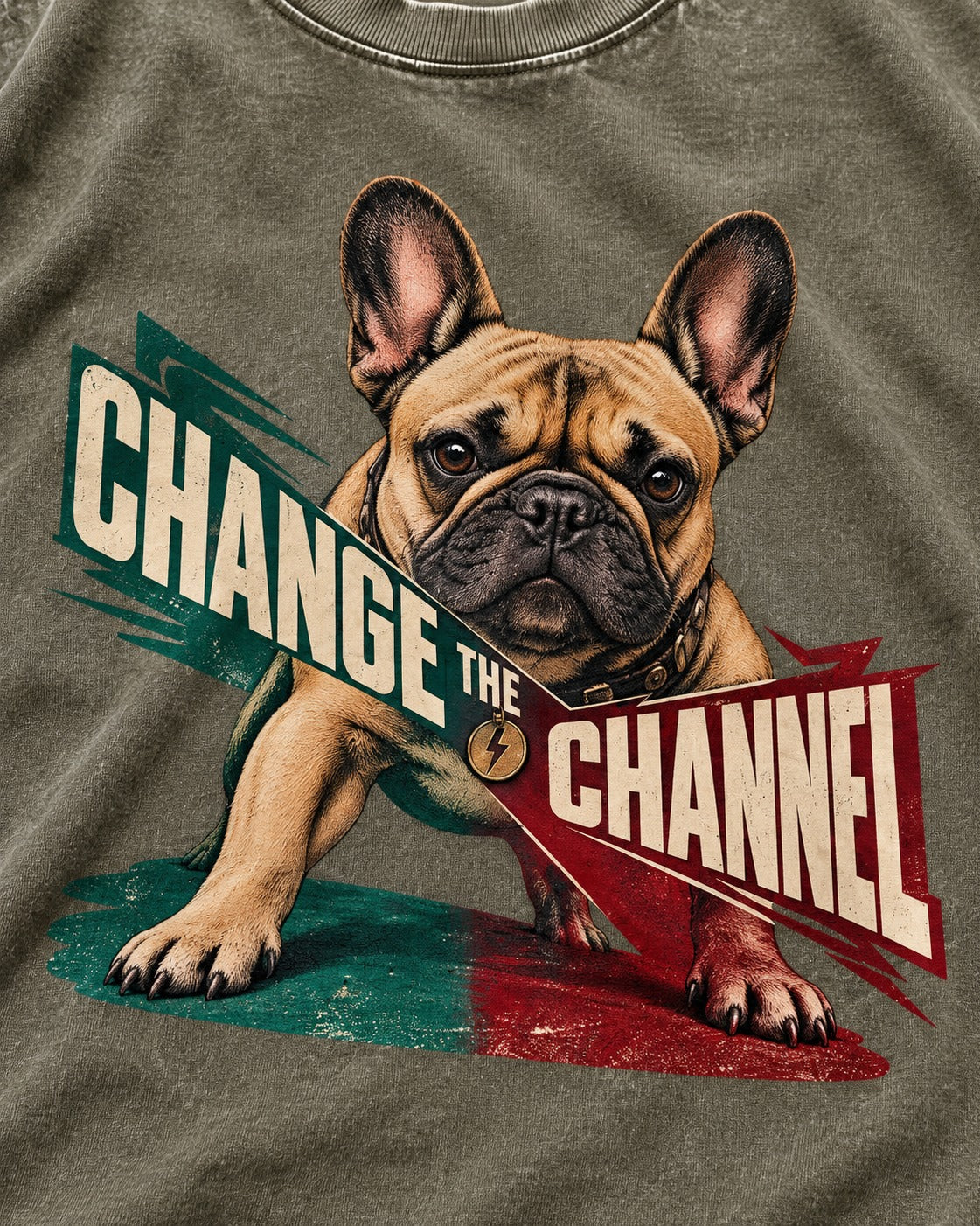 Frenchie Change the Channel Graphic Washed Tee in Army Green, close-up of the graphic