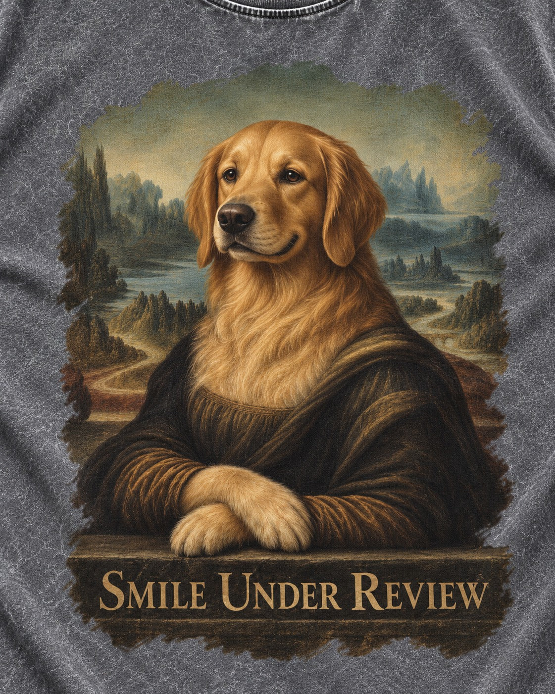 Smile Under Review Renaissance Portrait Golden Retriever Graphic Washed Tee in Gray, close-up of the graphic