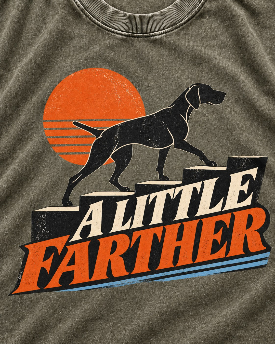 German Shorthaired Pointer A Little Farther Sunset Steps Graphic Washed Tee in Army Green, close-up of the graphic