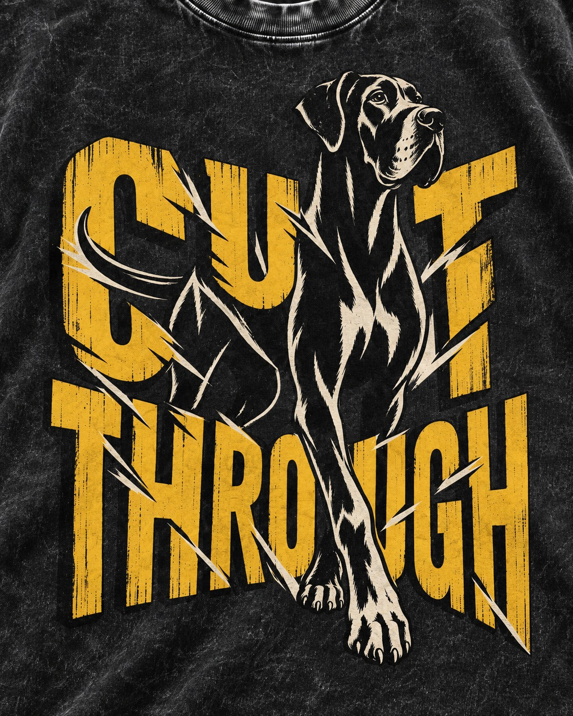 Great Dane Cut Through Breaking Type Graphic Washed Tee in Black, close-up of the graphic