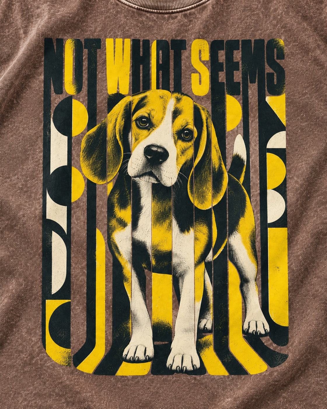 Not What It Seems Beagle Washed Tee in Coffee, close-up of the graphic