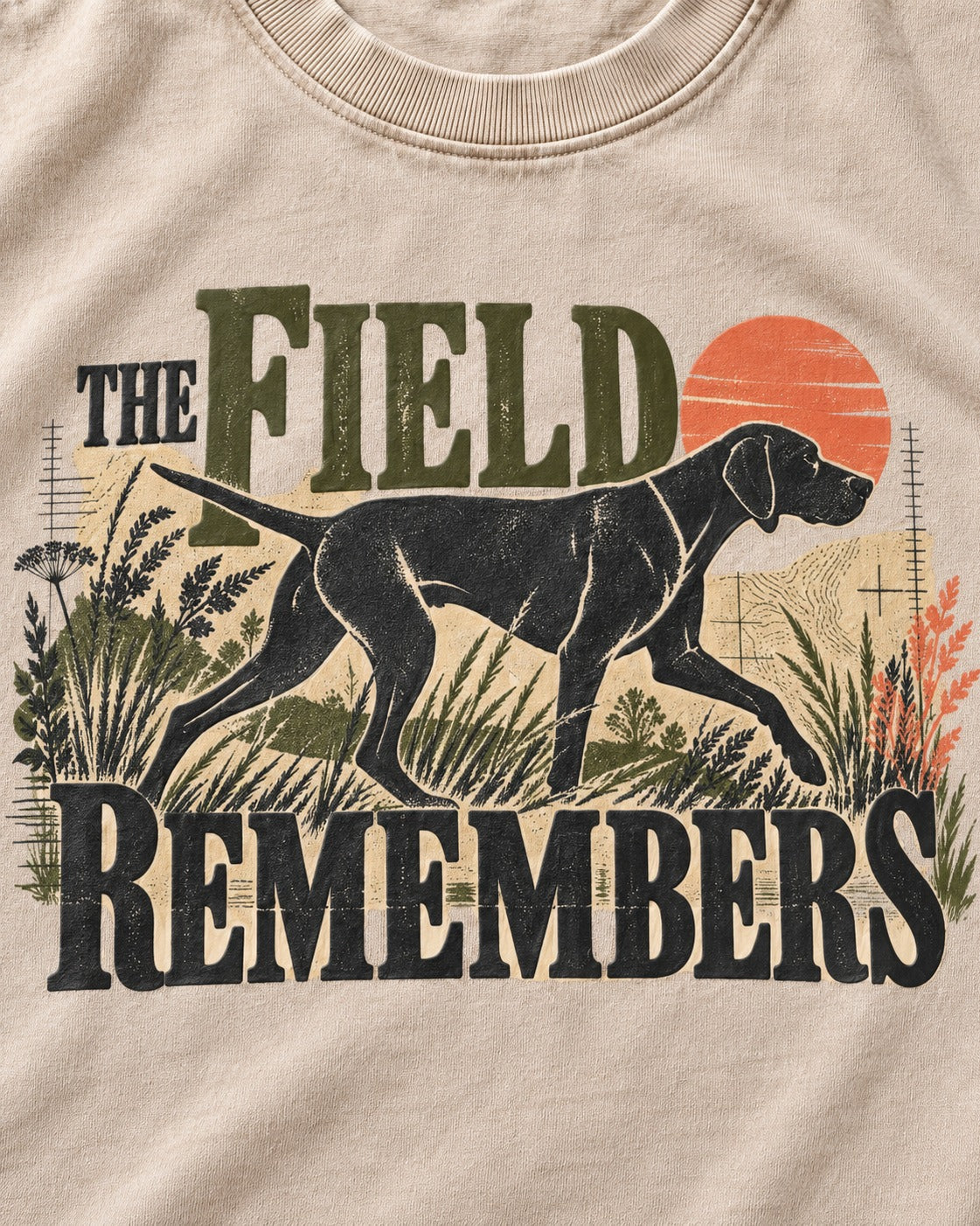 The Field Remembers German Shorthaired Pointer Washed Tee in Apricot, close-up of the graphic