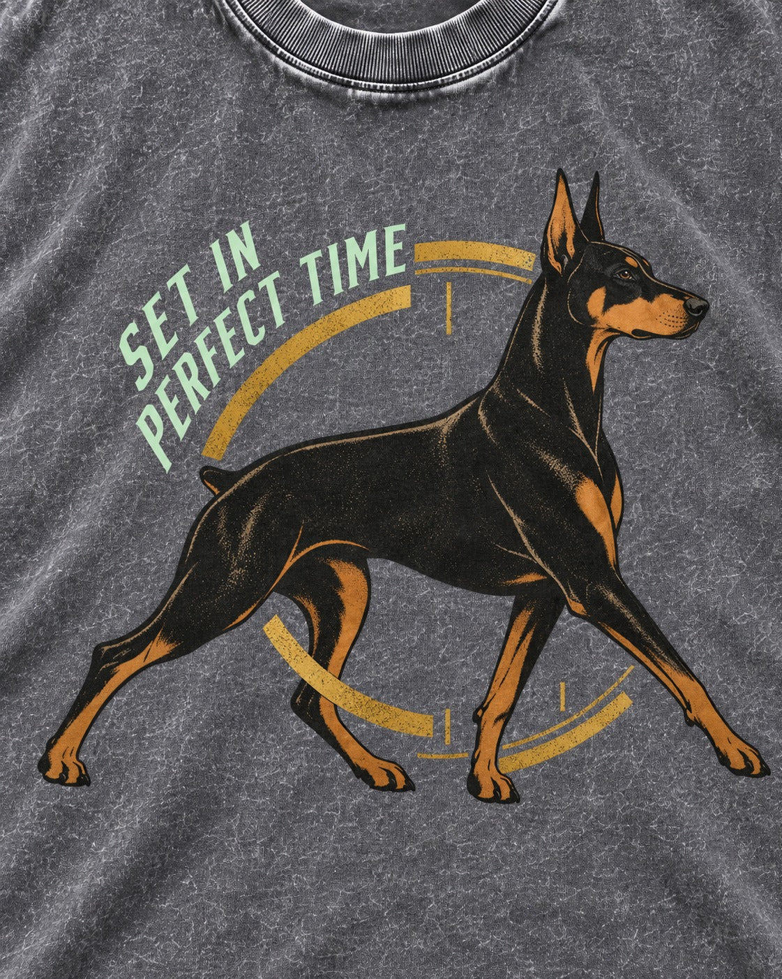 Doberman Set in Perfect Time Clock Stride Graphic Washed Tee in Gray, close-up of the graphic