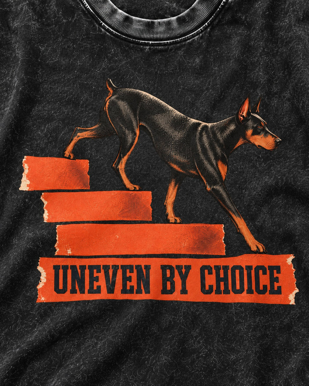 Doberman Uneven by Choice Stair Graphic Washed Tee in Black, close-up of the graphic