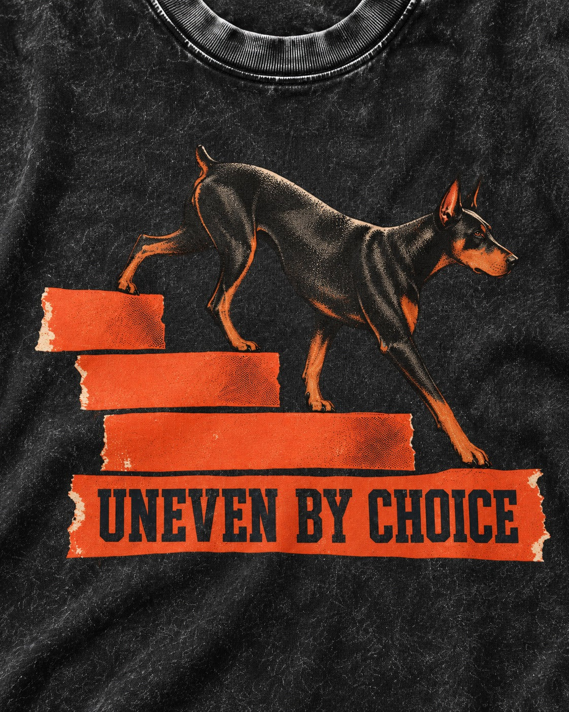 Doberman Uneven by Choice Stair Graphic Washed Tee in Black, close-up of the graphic