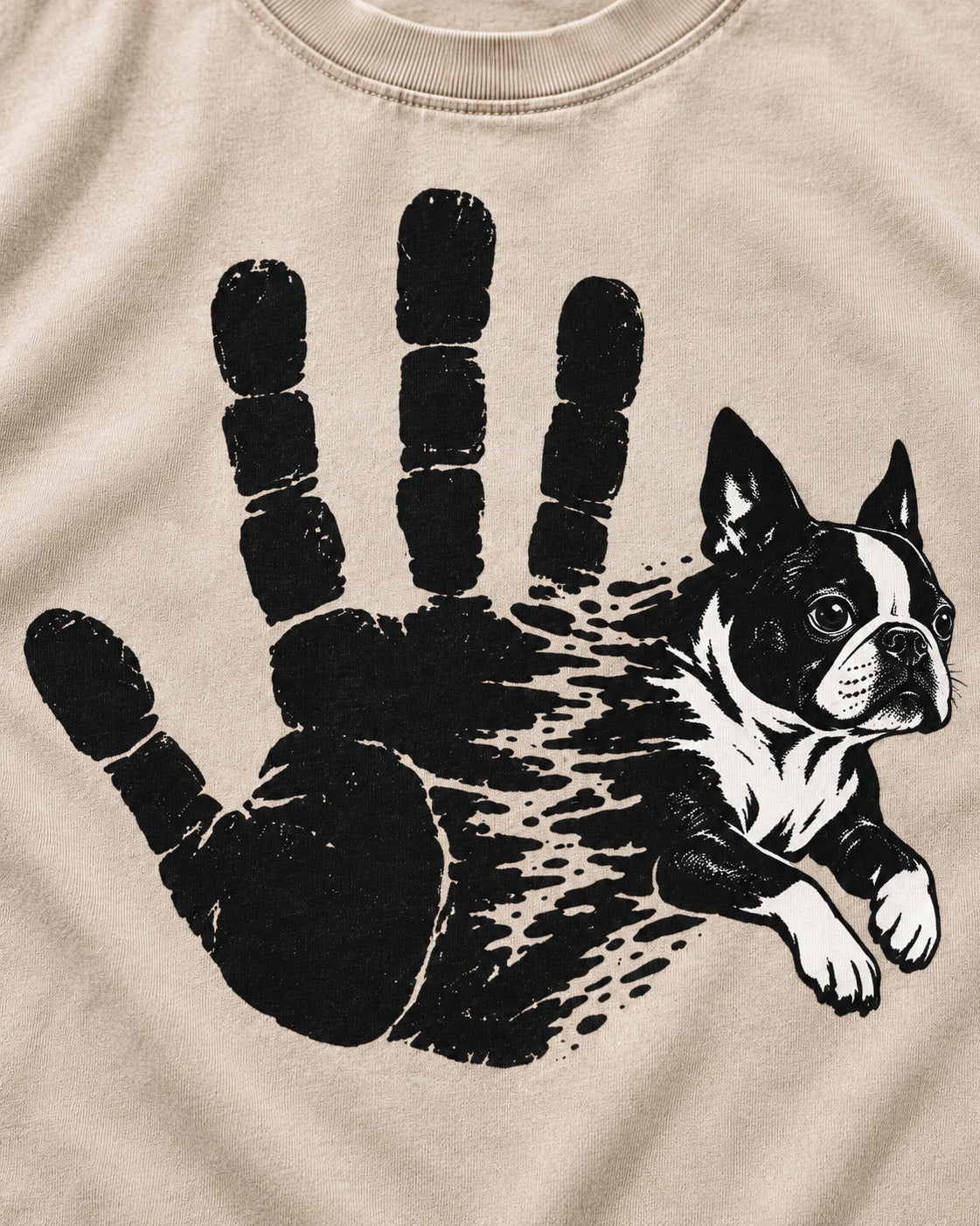 Boston Terrier High Five Washed Tee in Apricot, close-up of the graphic