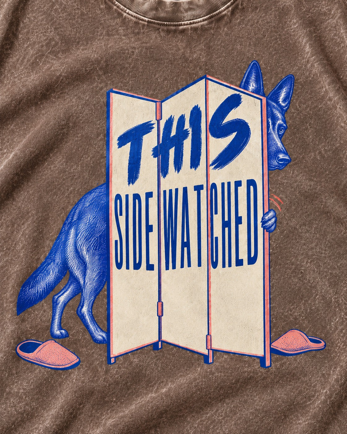 This Side Watched by German Shepherd Dog Washed Tee in Coffee, close-up of the graphic