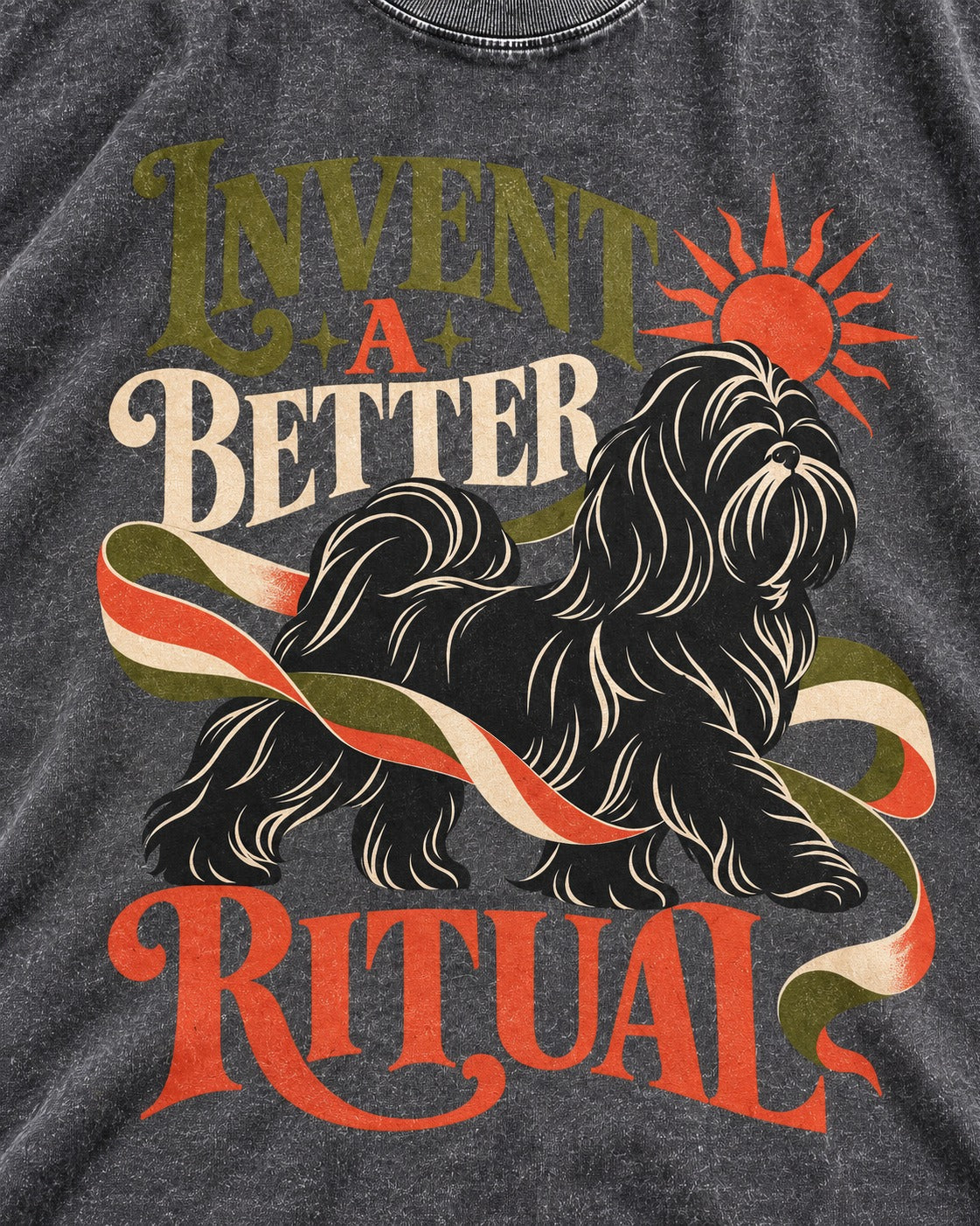 Shih Tzu Invent A Better Ritual Sunrise Ribbon Graphic Washed Tee in Gray, close-up of the graphic