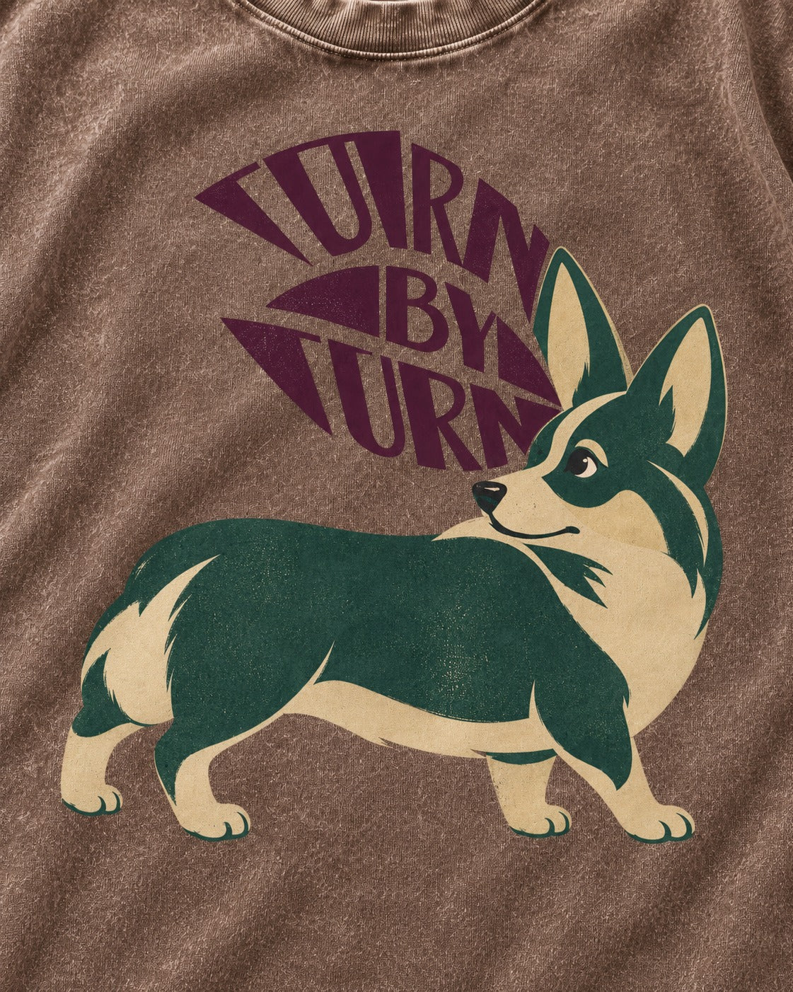 Turn by Turn Corgi Washed Tee in Coffee, close-up of the graphic