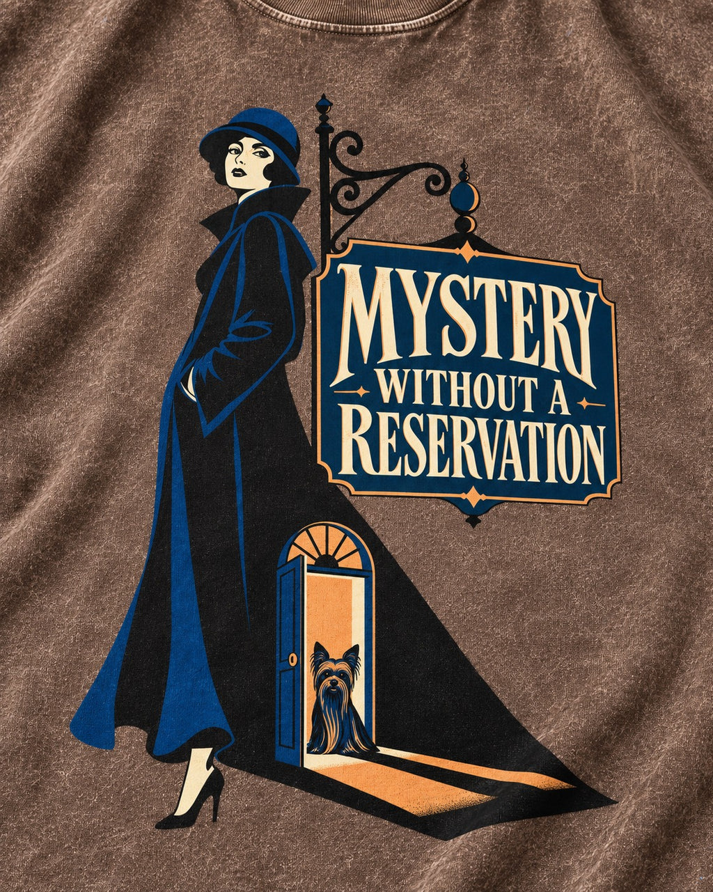 Mystery Without a Reservation Yorkshire Terrier Washed Tee in Coffee, close-up of the graphic