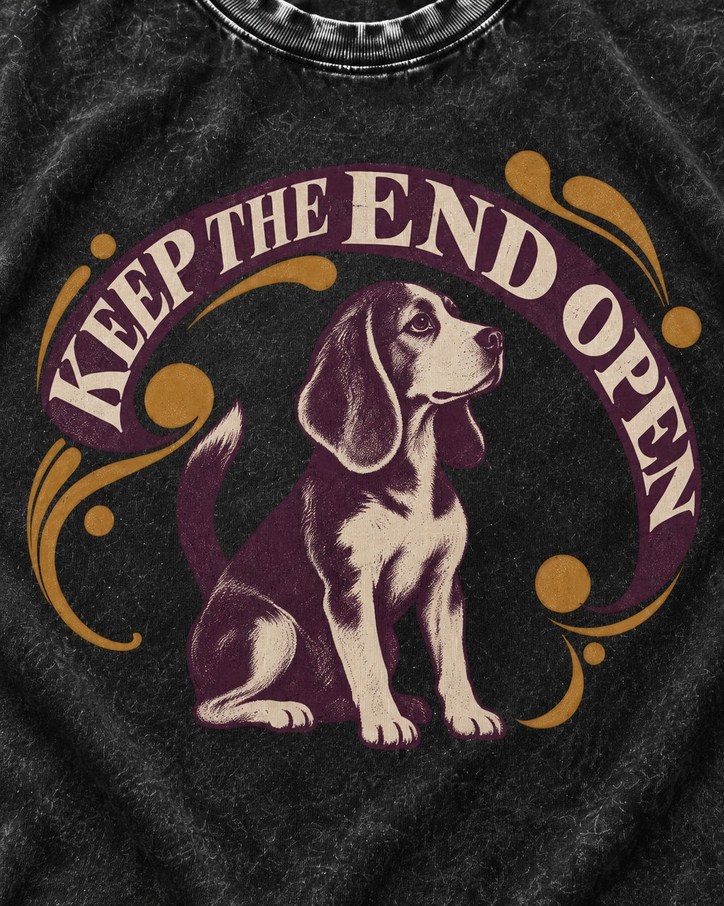 Beagle Keep The End Open Ornamental Graphic Washed Tee in Black, close-up of the graphic