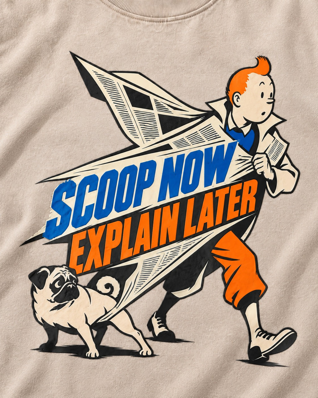 Pug Scoop Now Explain Later Washed Tee in Apricot, close-up of the graphic