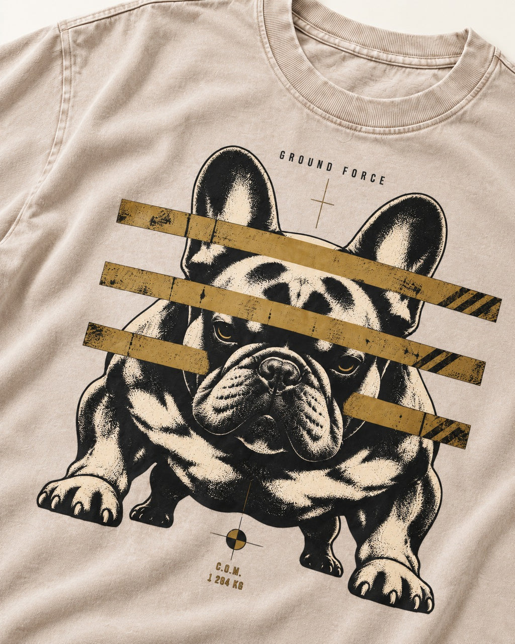 Frenchie Ground Force Industrial Barrier Graphic Washed Tee in Apricot, close-up of the graphic