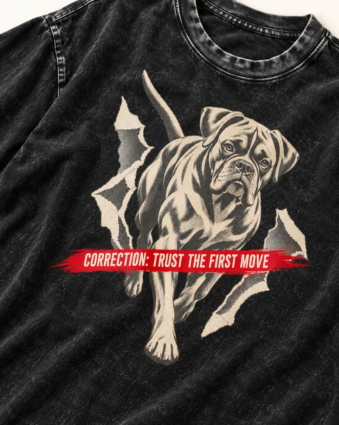 Mastiff Mismatch Boxer Needs Review Washed Tee in Black, close-up of the graphic