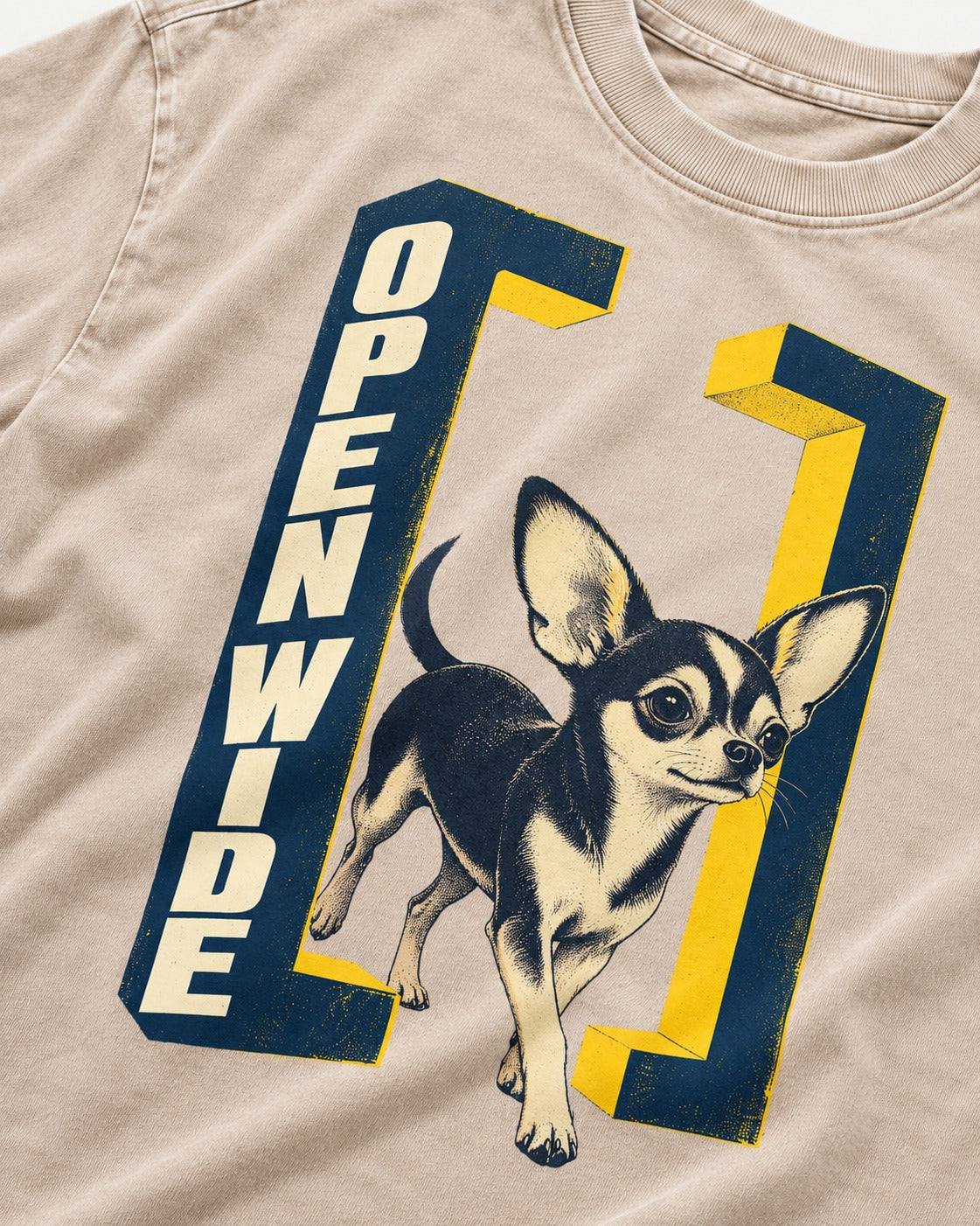 Open Wide Chihuahua Washed Tee in Apricot, close-up of the graphic