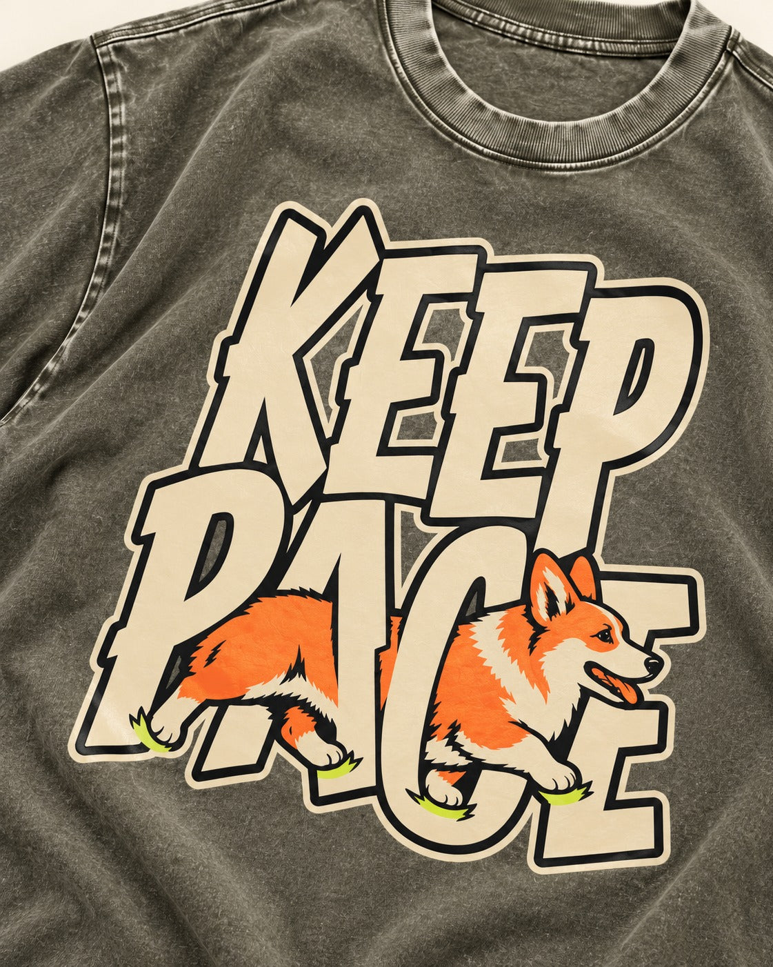 Corgi Keep Pace Running Typographic Graphic Washed Tee in Army Green, close-up of the graphic