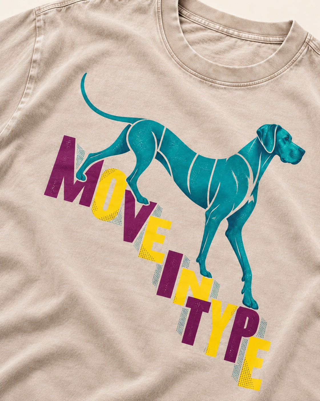 Great Dane Move in Type Washed Tee in Apricot, close-up of the graphic