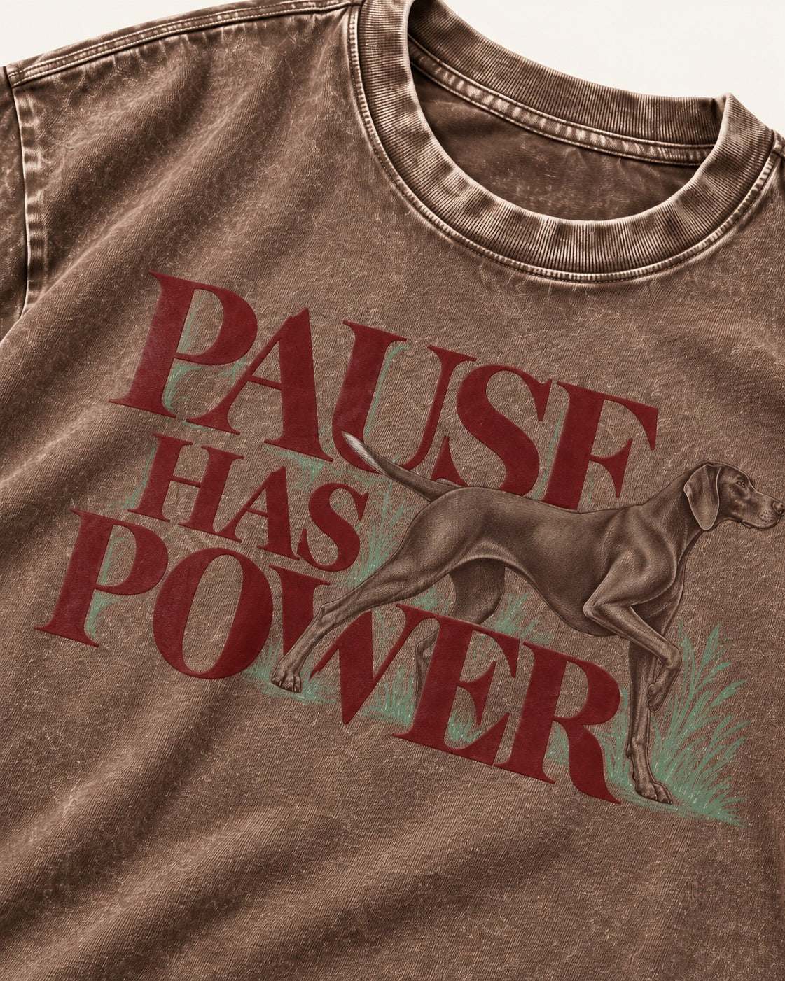 Pause Has Power German Shorthaired Pointer Washed Tee in Coffee, close-up of the graphic