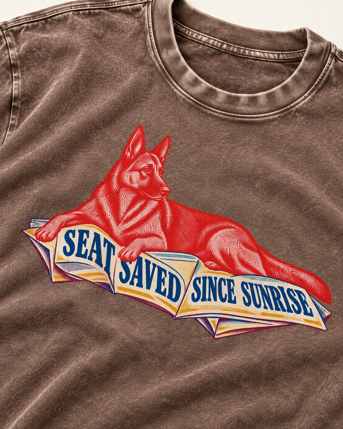 Seat Saved Since Sunrise German Shepherd Dog Washed Tee in Coffee, close-up of the graphic