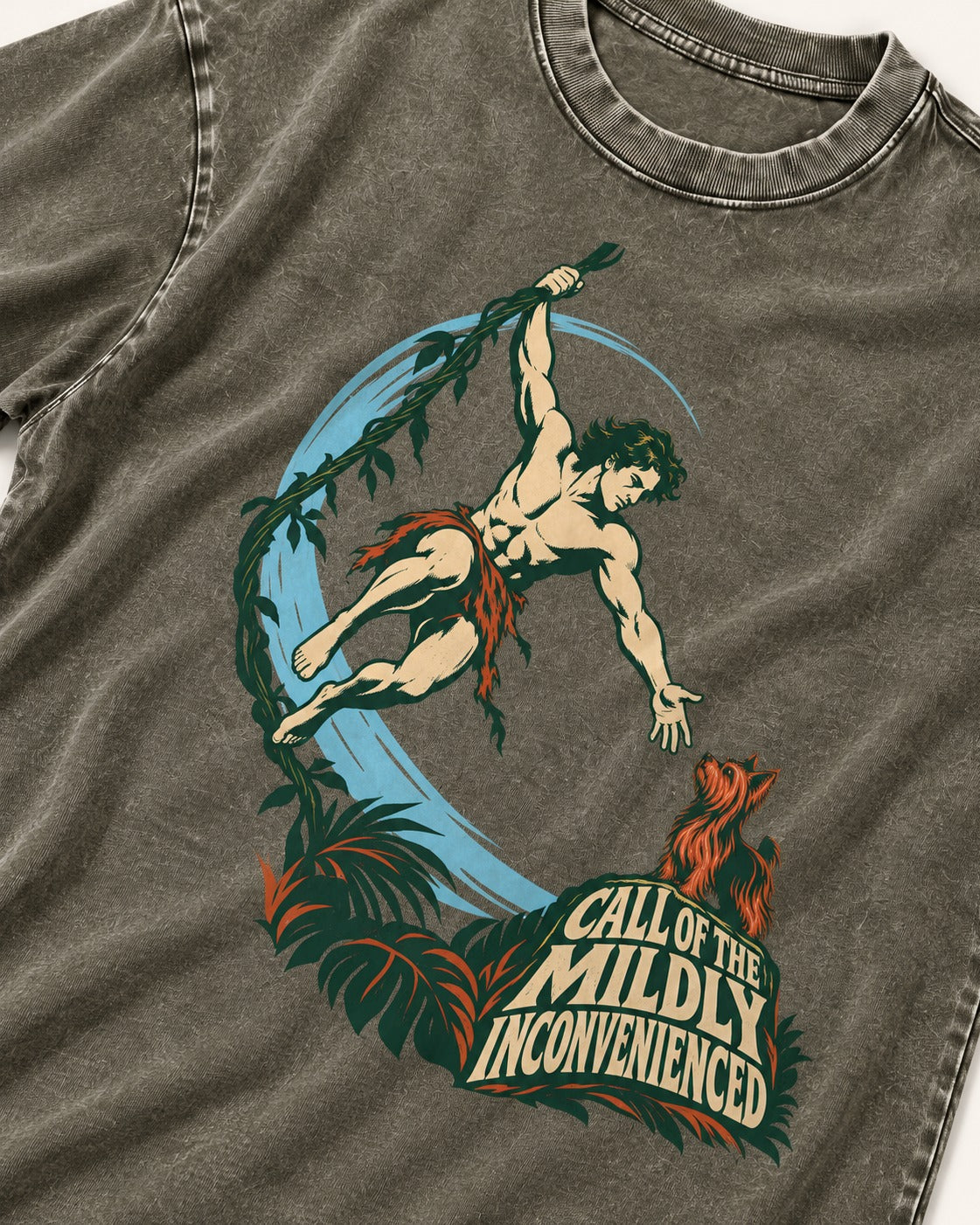 Yorkshire Terrier Call of the Mildly Inconvenienced Vine Swing Graphic Washed Tee in Army Green, close-up of the graphic