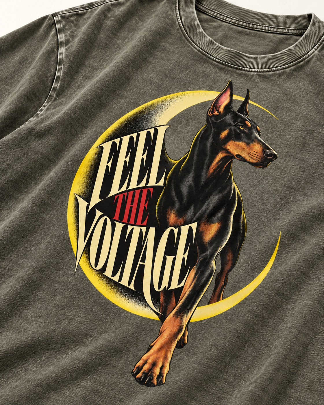 Doberman Feel the Voltage Crescent Portrait Graphic Washed Tee in Army Green, close-up of the graphic