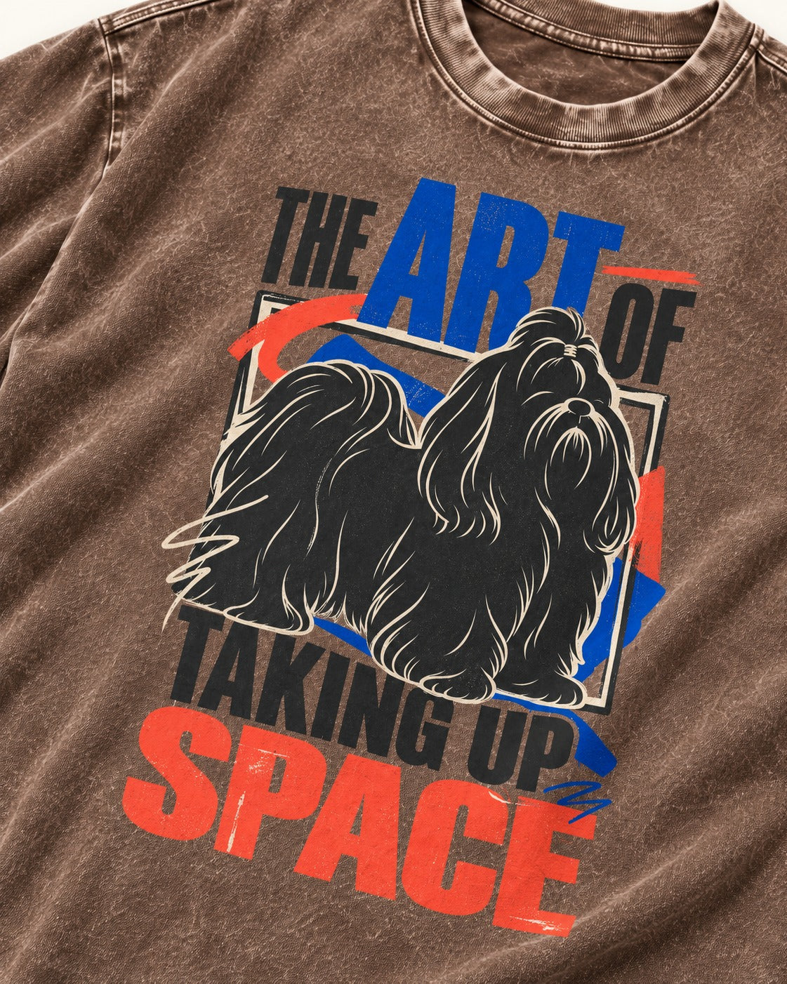 Shih Tzu Taking Up Space Washed Tee in Coffee, close-up of the graphic
