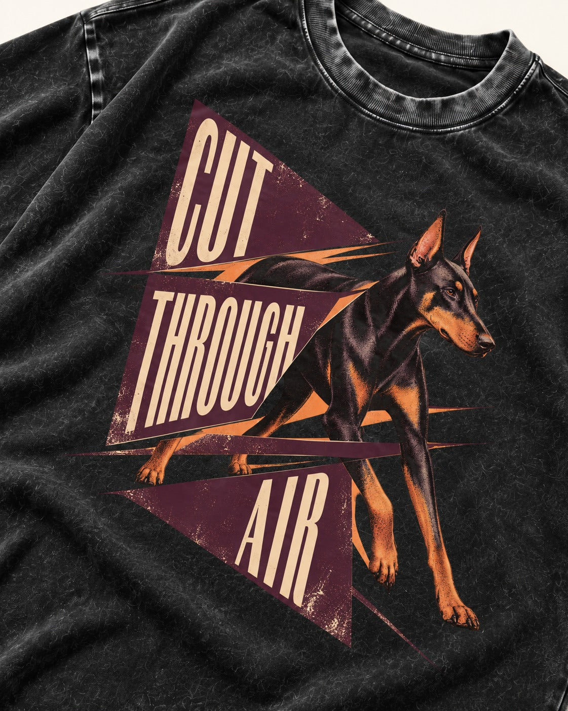 Doberman Cut Through Air Graphic Washed Tee in Black, close-up of the graphic